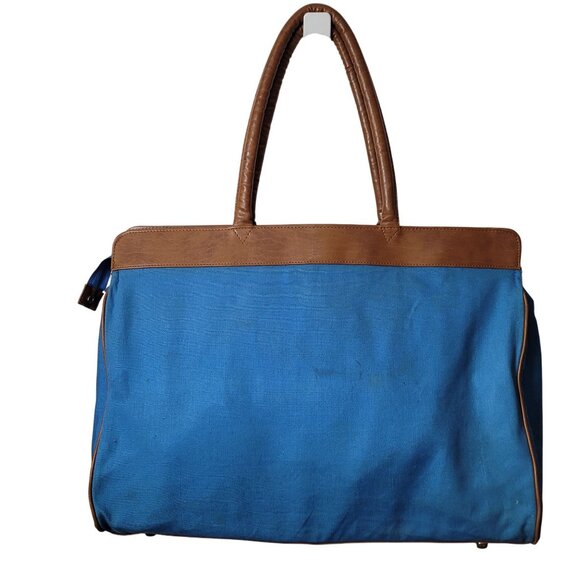 Blue & Brown Canvas & Faux Leather Avon Tote Bag With Anchor Logo 21" W X 15.5" - Picture 4 of 11